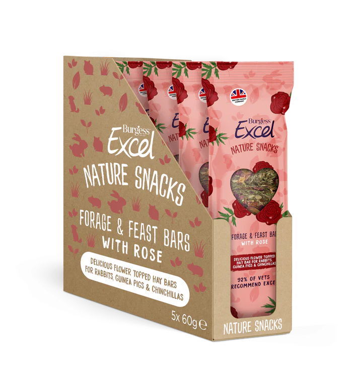 Front View of Burgess Excel Nature Snacks for Rabbit, Guinea Pigs & Chinchilla - Forage & Feast Bar Rose - 60g