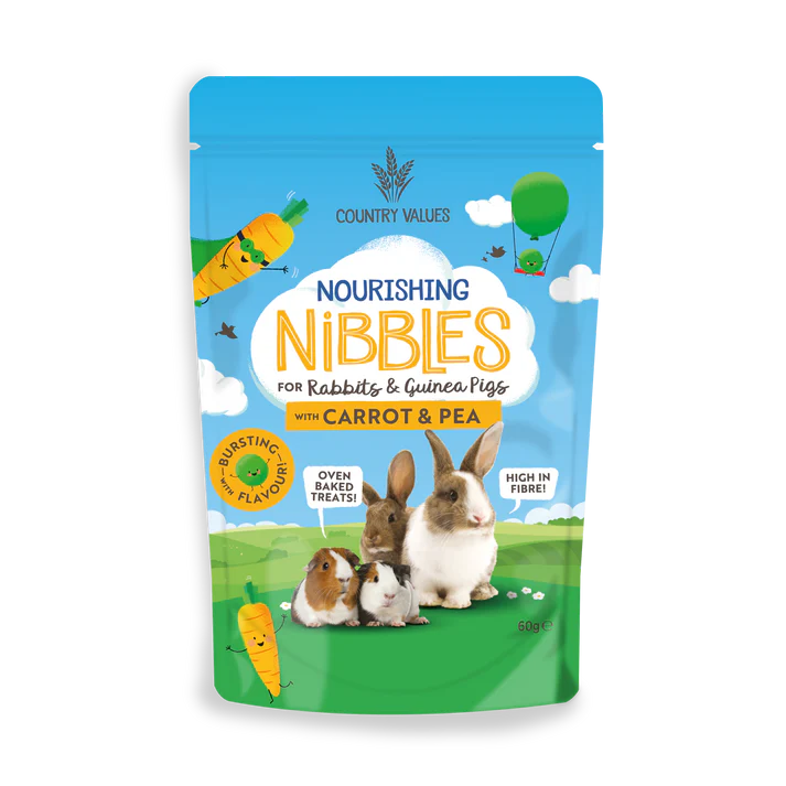 Front View of Country Values Nourishing Nibbles Treat for Rabbits & Guinea Pigs - Carrot and Pea - 60g