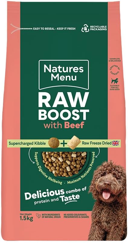 Front View of Natures Menu Freeze Dried Raw Boost Adult Dry Dog Food with Fresh Beef - 1.5kg & 3kg