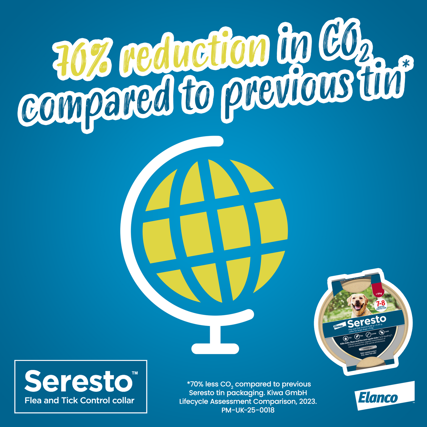Infographic featuring globe icon and text stating Seresto's new packaging results in 70% reduction in CO₂ emissions compared to previous tin.