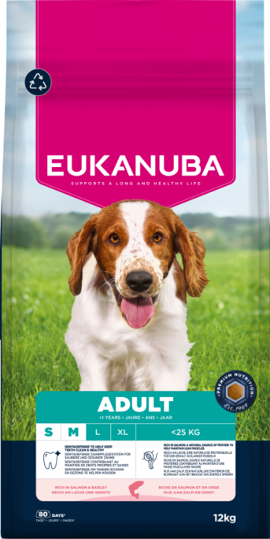 Front View of Eukanuba Life Care Adult Small/Medium Breed Dry Dog Food - Salmon & Barley - 12kg