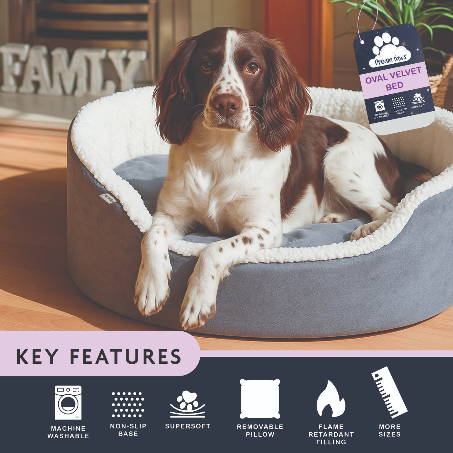 Dream Paws Grey Oval Velvet Dog Bed