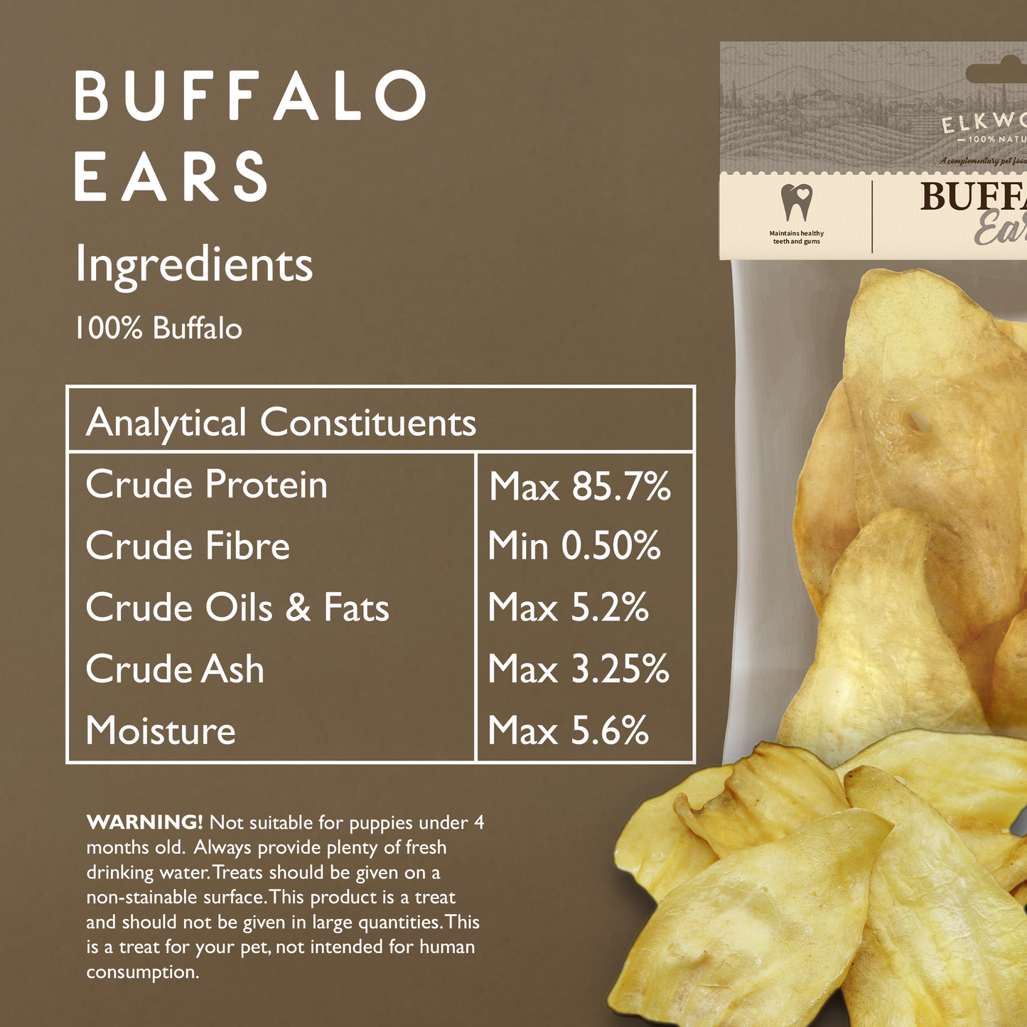 Elkwood 100% Buffalo Natural Ear Dog Treat | 6-pack
