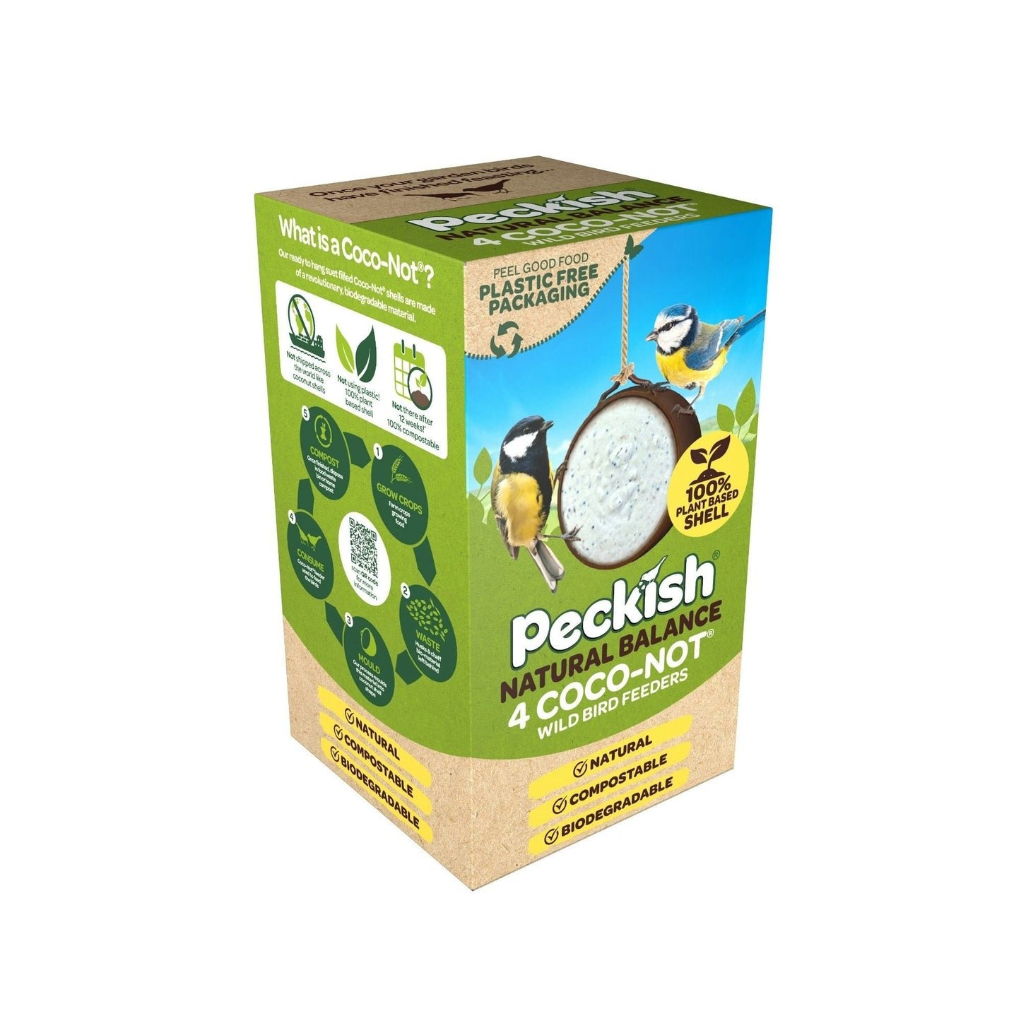 Front View of Peckish Natural Balance Coco-Not 4 pack Wild Bird Feeder