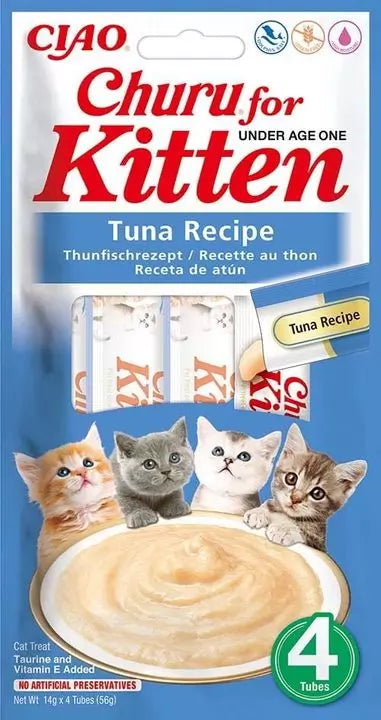Front View of Ciao Churu 4 Pack Kitten Treat - Tuna Recipe - 4 x 14g