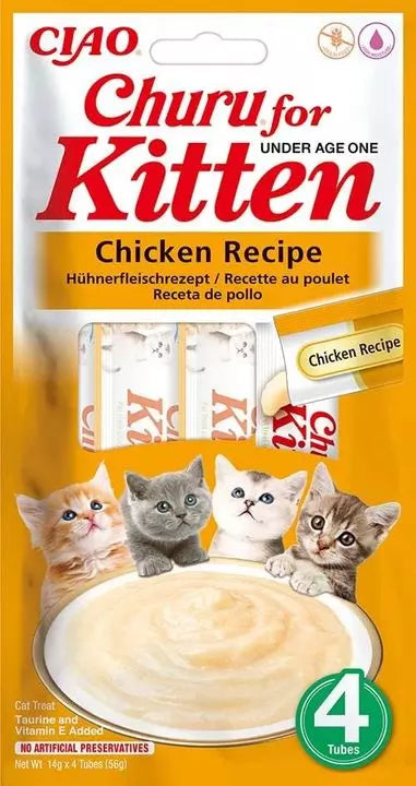 Front View of Ciao Churu 4 Pack Kitten Treat - Chicken Recipe - 4 x 14g
