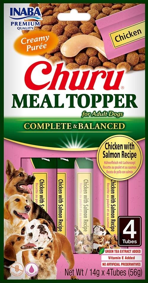 Front View of Ciao Churu Meal Topper for Adult Dogs - Chicken with Salmon Recipe - 4 x 14g