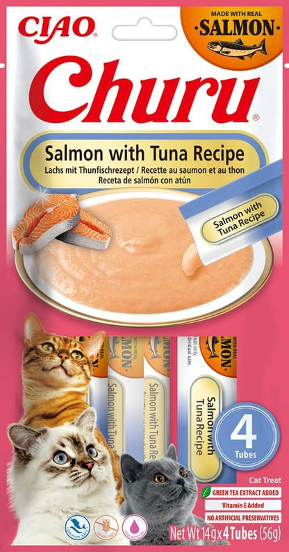 Front View of Ciao Churu 4 Pack Cat Treat - Salmon with Tuna Recipe - 4 x 14g