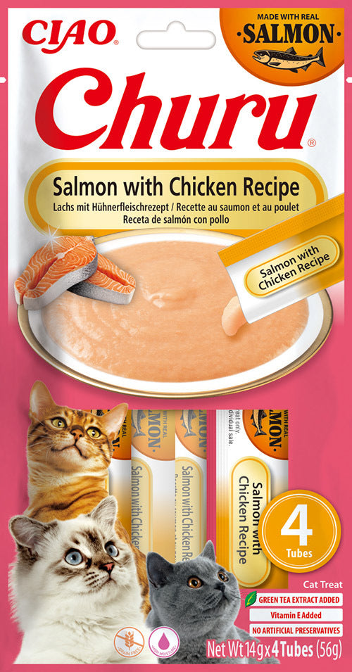 Front View of Ciao Churu 4 Pack Cat Treat - Salmon with Chicken Recipe - 4 x 14g