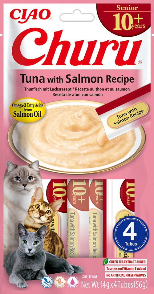 Front View of Ciao Churu 4 Pack Senior Cat Treat - Tuna with Salmon Recipe - 4 x 14g
