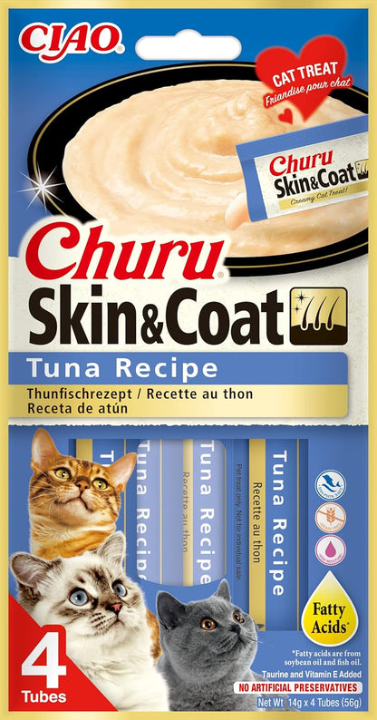 Front View of Ciao Churu Skin & Coat 4 Pack Cat Treat - Tuna Recipe - 4 x 14g