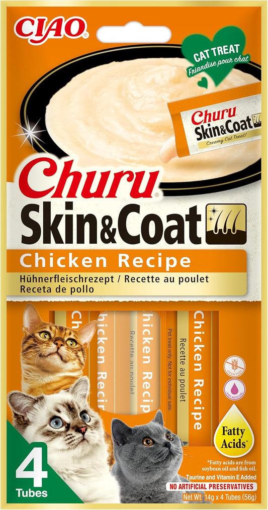 Front View of Ciao Churu Skin & Coat 4 Pack Cat Treat - Chicken Recipe - 4 x 14g