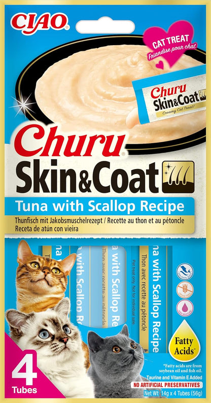 Front View of Ciao Churu Skin & Coat 4 Pack Cat Treat - Tuna with Scallop Recipe - 4 x 14g