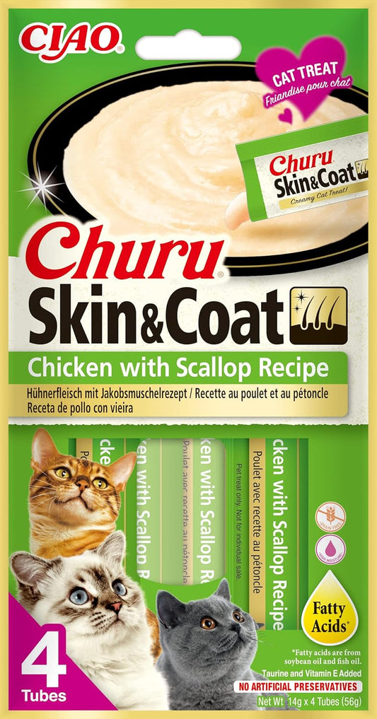 Front View of Ciao Churu Skin & Coat 4 Pack Cat Treat - Chicken with Scallop Recipe - 4 x 14g