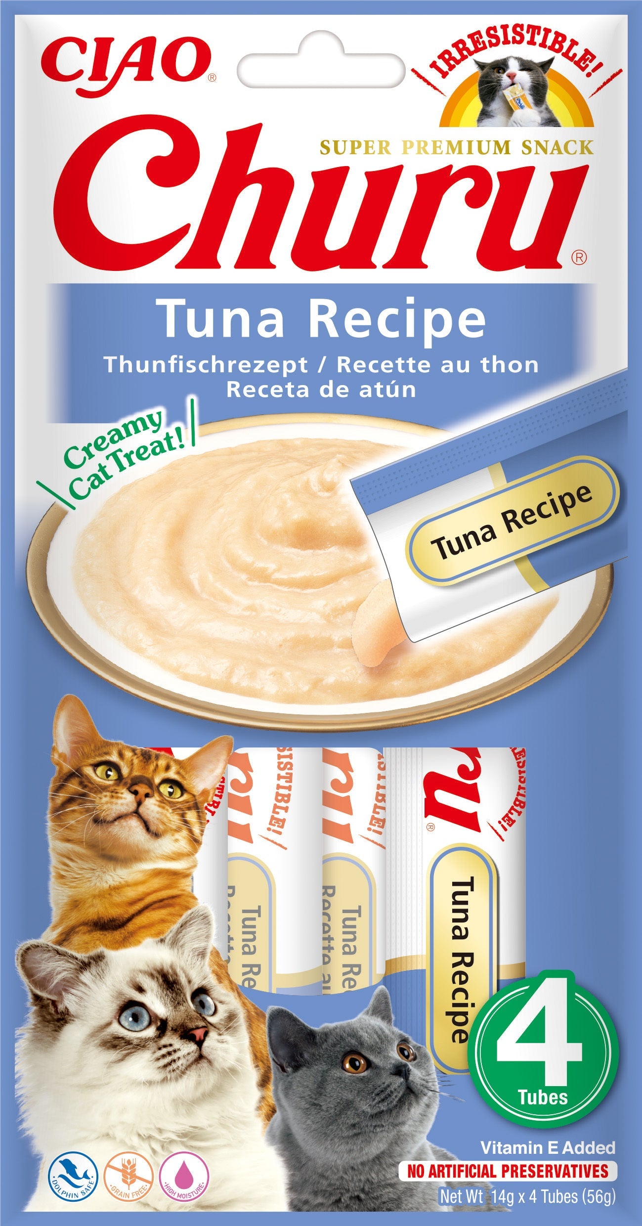 Front View of Ciao Churu 4 Pack Cat Treat - Tuna Recipe - 4 x 14g