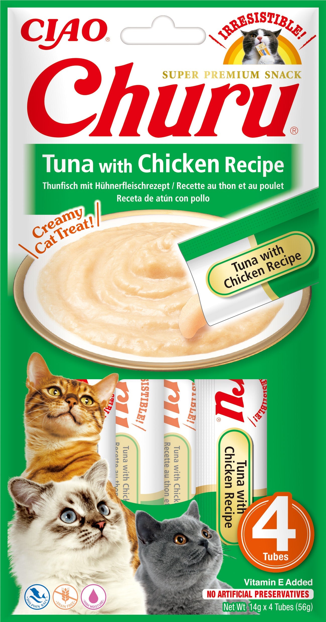 Front View of Ciao Churu 4 Pack Cat Treat - Tuna with Chicken Recipe - 4 x 14g