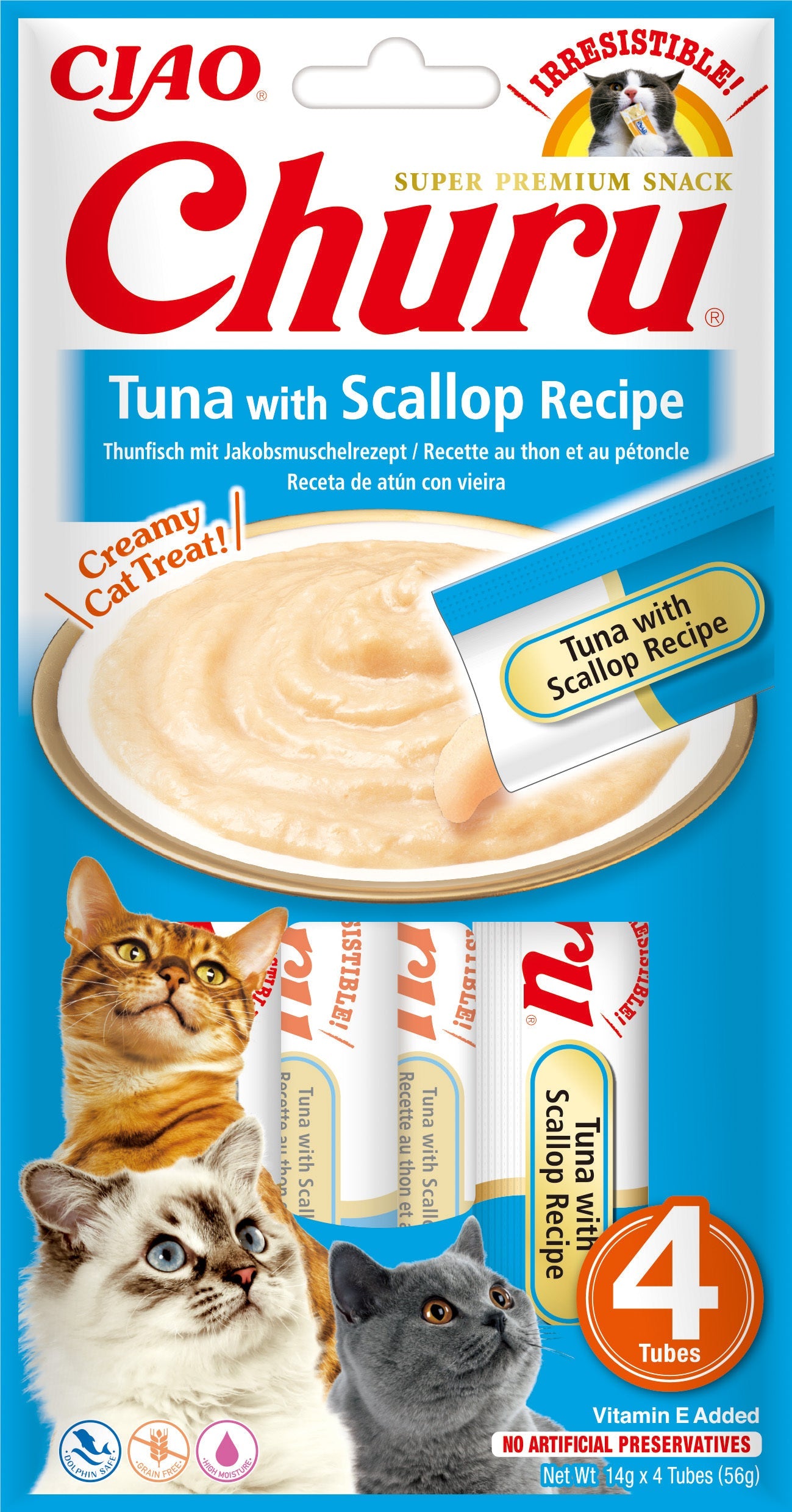 Front View of Ciao Churu 4 Pack Cat Treat - Tuna wirh Scallop Recipe - 4 x 14g