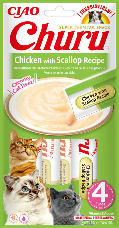 Front View of Ciao Churu 4 Pack Cat Treat - Chicken with Scallop Recipe - 4 x 14g