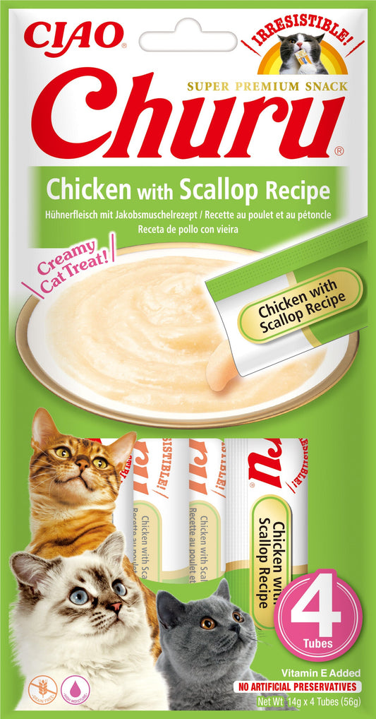 Front View of Ciao Churu 4 Pack Cat Treat - Chicken with Scallop Recipe - 4 x 14g