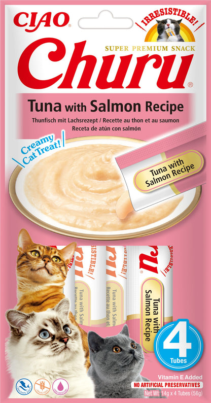 Front View of Ciao Churu 4 Pack Cat Treat - Tuna wirh Salmon Recipe - 4 x 14g