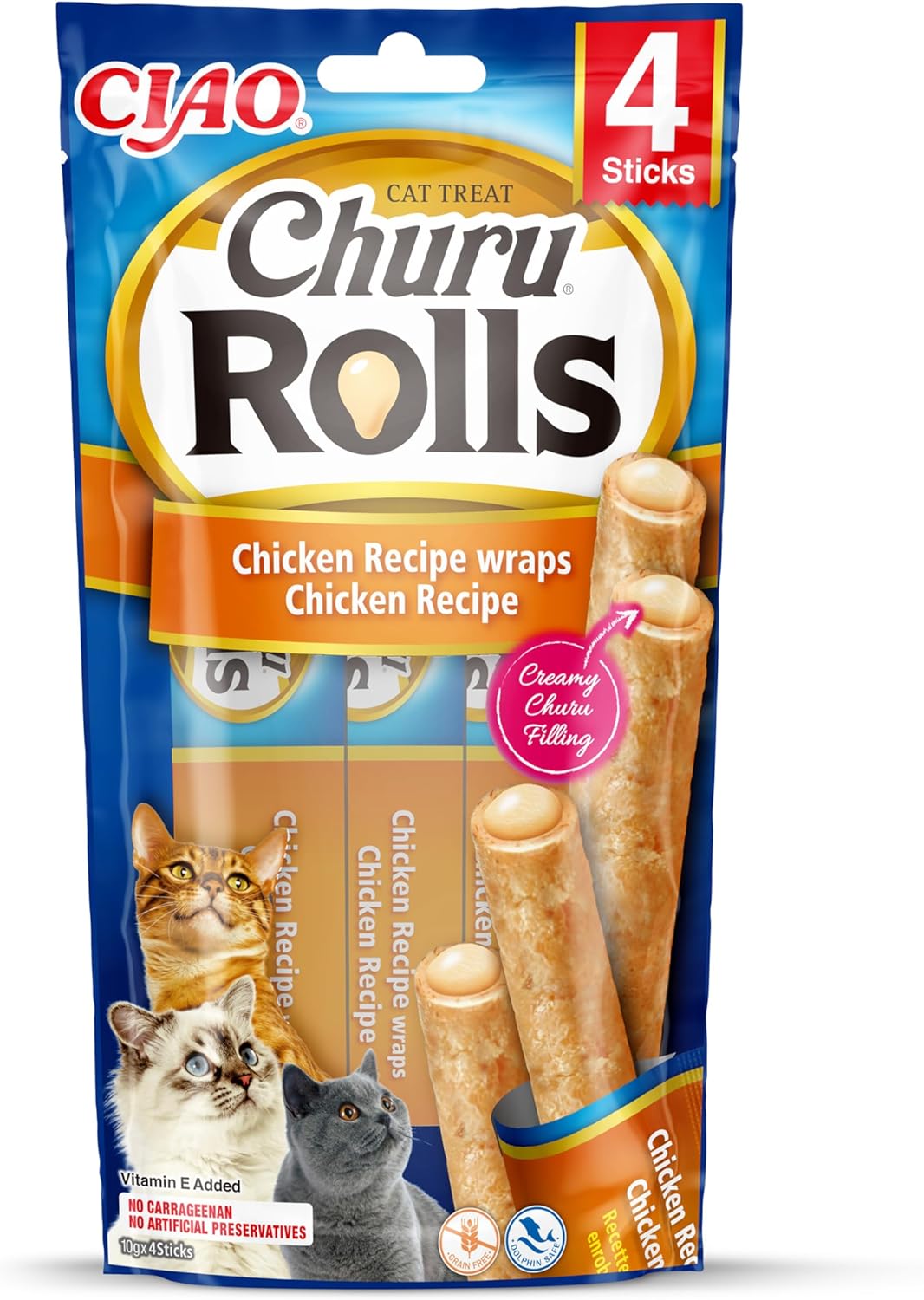Front View of Ciao Churu Rolls 4 Pack Cat Treat - Chicken Recipe Wraps Chicken Recipe - 4 x 10g