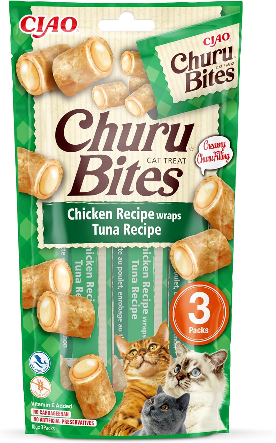 Front View of Ciao Churu Bites 3 Pack Cat Treat - Chicken Recipe Wraps Tuna Recipe - 3 x 10g