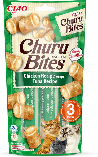 Front View of Ciao Churu Bites 3 Pack Cat Treat - Chicken Recipe Wraps Tuna Recipe - 3 x 10g