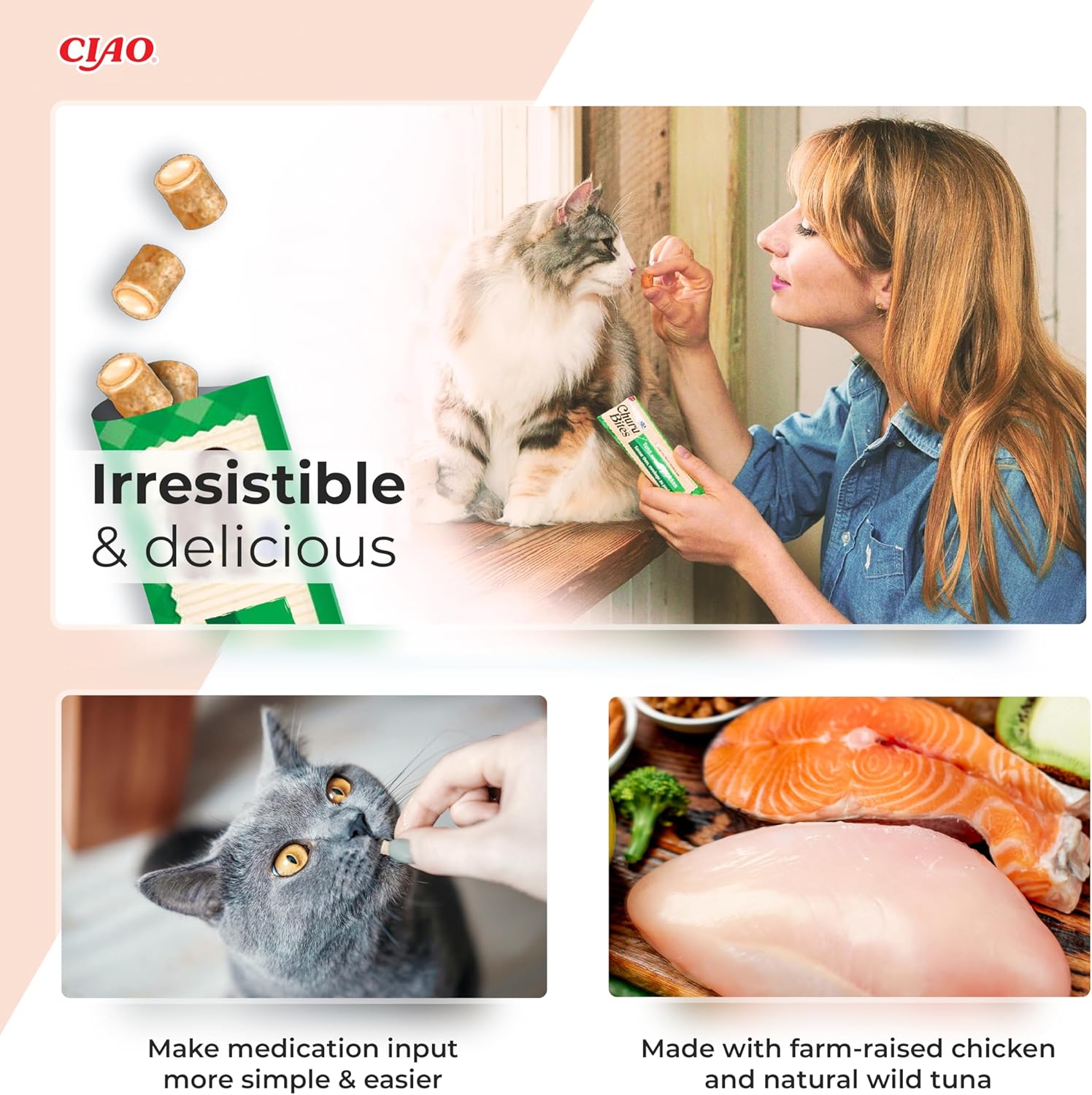 Ciao Churu Bites 3 Pack Cat Treat - Chicken Recipe Wraps Tuna Recipe - 3 x 10g