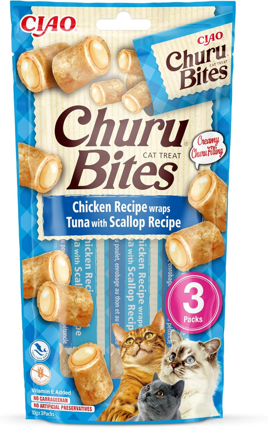 Front View of Ciao Churu Bites 3 Pack Cat Treat - Chicken Recipe Wraps Tuna with Scallop Recipe - 3 x 10g