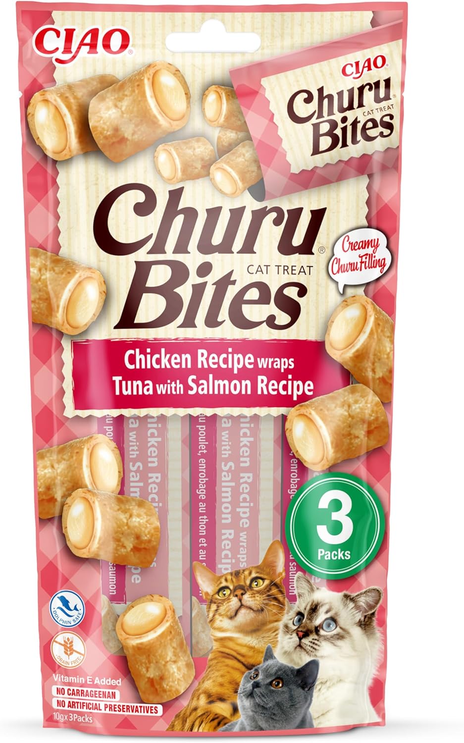 Front View of Ciao Churu Bites 3 Pack Cat Treat - Chicken Recipe Wraps Tuna with Salmon Recipe - 3 x 10g