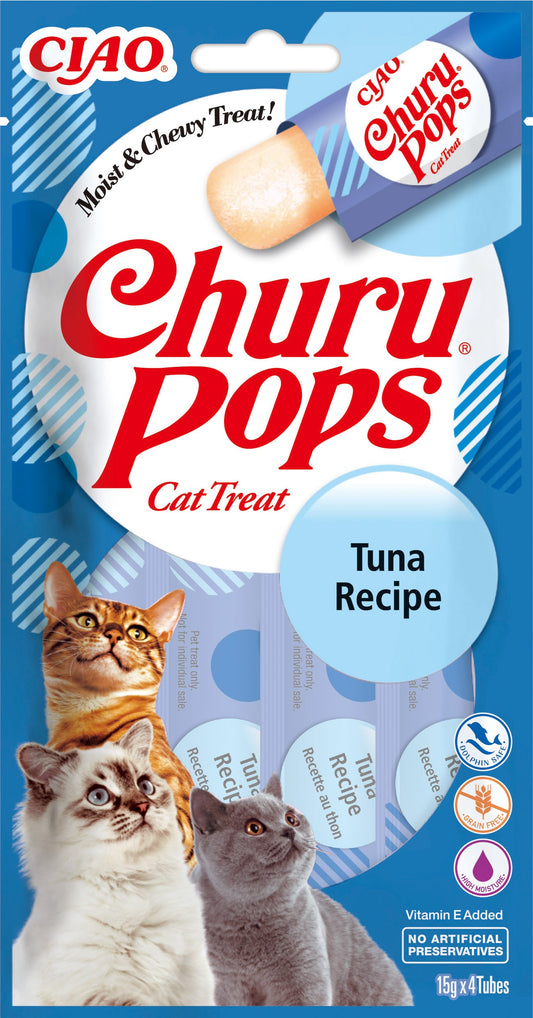 Front View of Ciao Churu Pops 4 Pack Cat Treat - Tuna Recipe - 4 x 15g