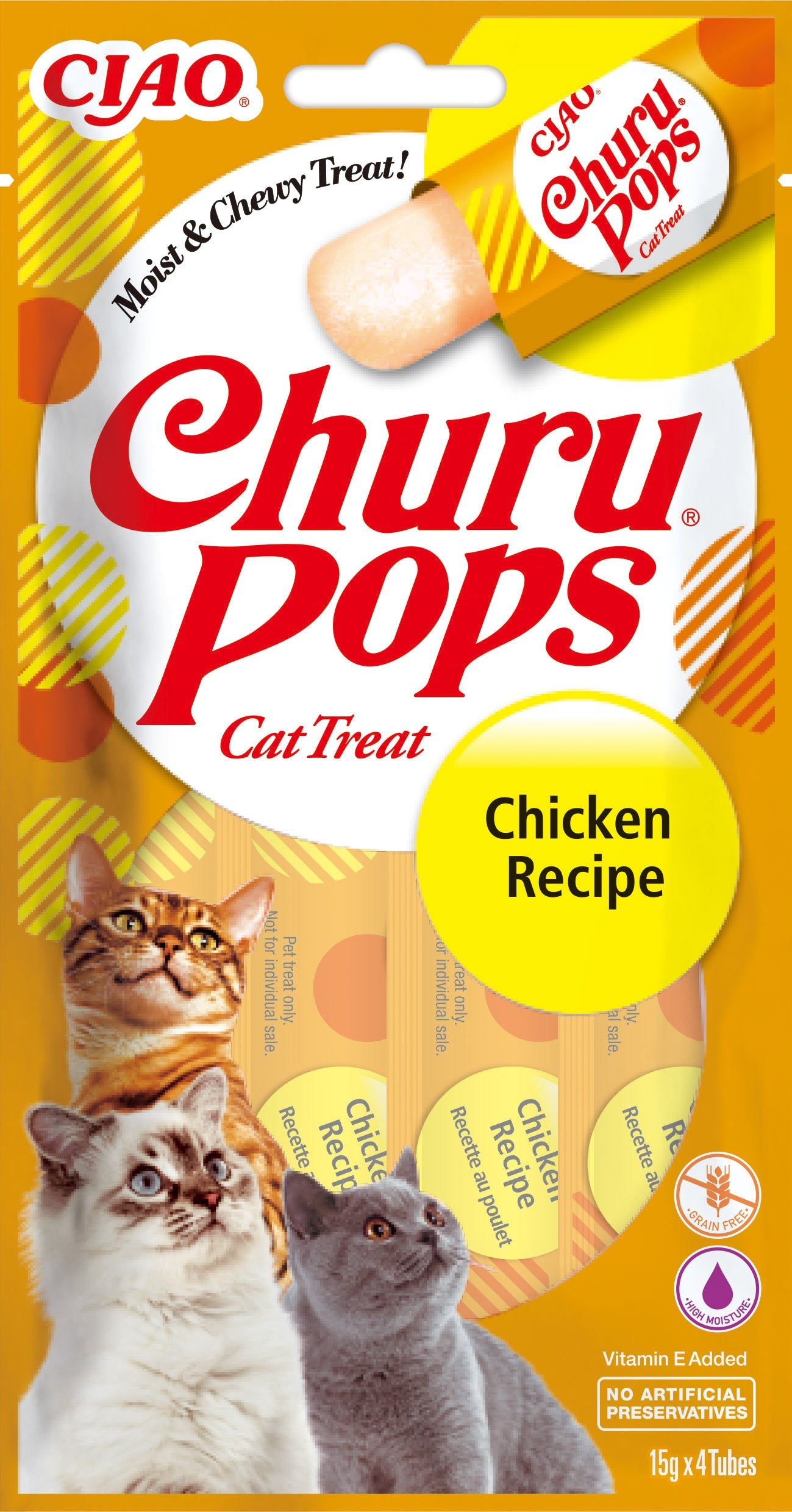 Front View of Ciao Churu Pops 4 Pack Cat Treat - Chicken Recipe - 4 x 15g