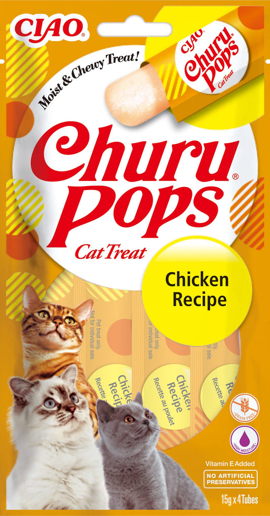 Front View of Ciao Churu Pops 4 Pack Cat Treat - Chicken Recipe - 4 x 15g