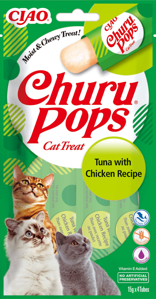 Front View of Ciao Churu Pops 4 Pack Cat Treat - Tuna with Chicken Recipe - 4 x 15g