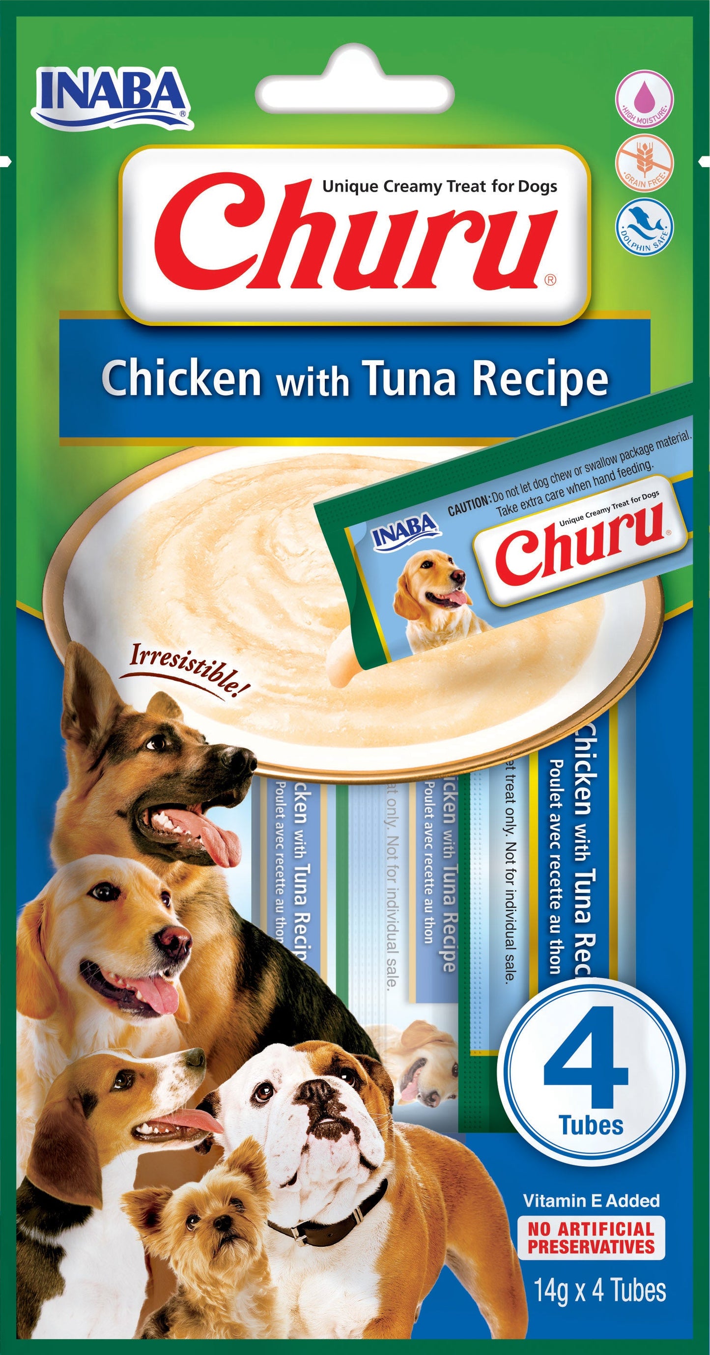 Front View of Ciao Churu 4 & 8 Pack Dog Treat - Chicken with Tuna Recipe - 4 x 14g & 8 x 20g