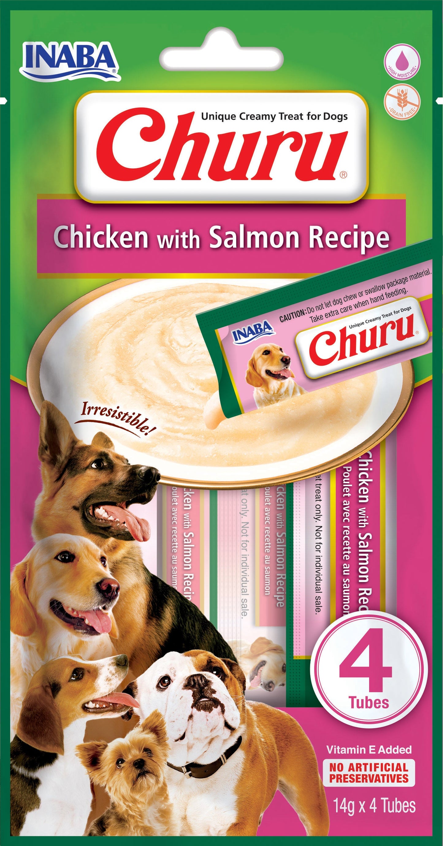 Front View of Ciao Churu 4 & 8 Pack Dog Treat - Chicken with Salmon Recipe - 4 x 14g & 8 x 20g