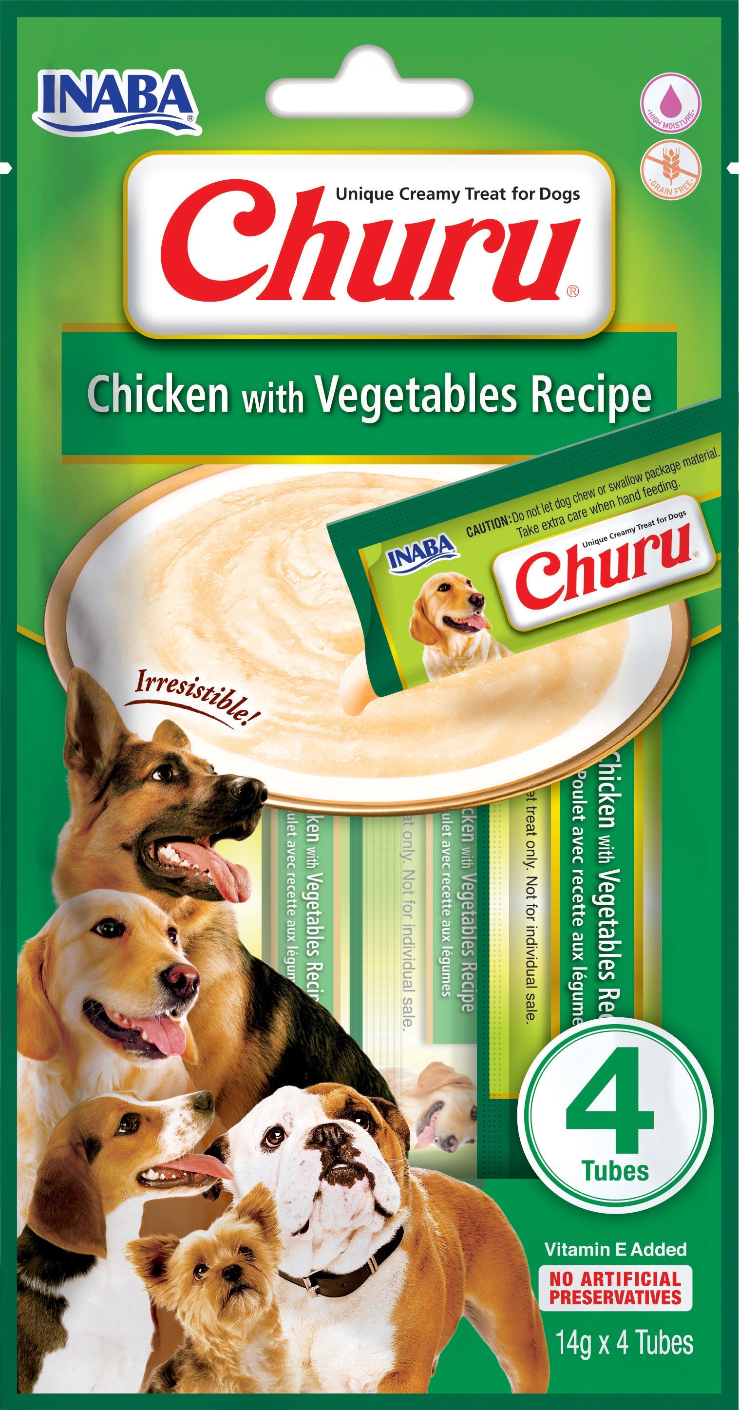 Front View of Ciao Churu 4 & 8 Pack Dog Treat - Chicken with Vegetables Recipe - 4 x 14g & 8 x 20g