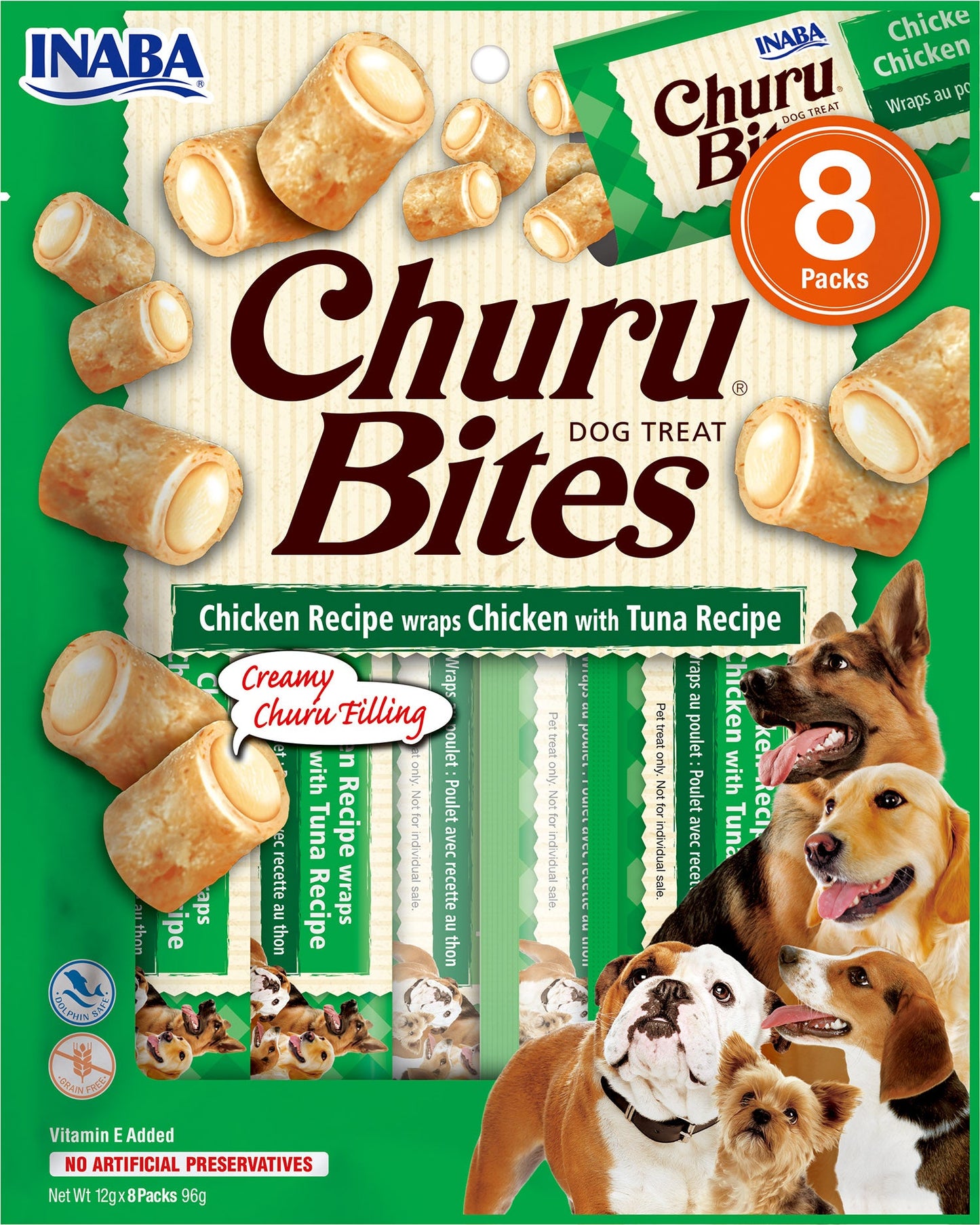 Front View of Ciao Churu Bites 8 Pack Dog Treat - Chicken Recipe wraps Chicken with Tuna Recipe - 8 x 12g