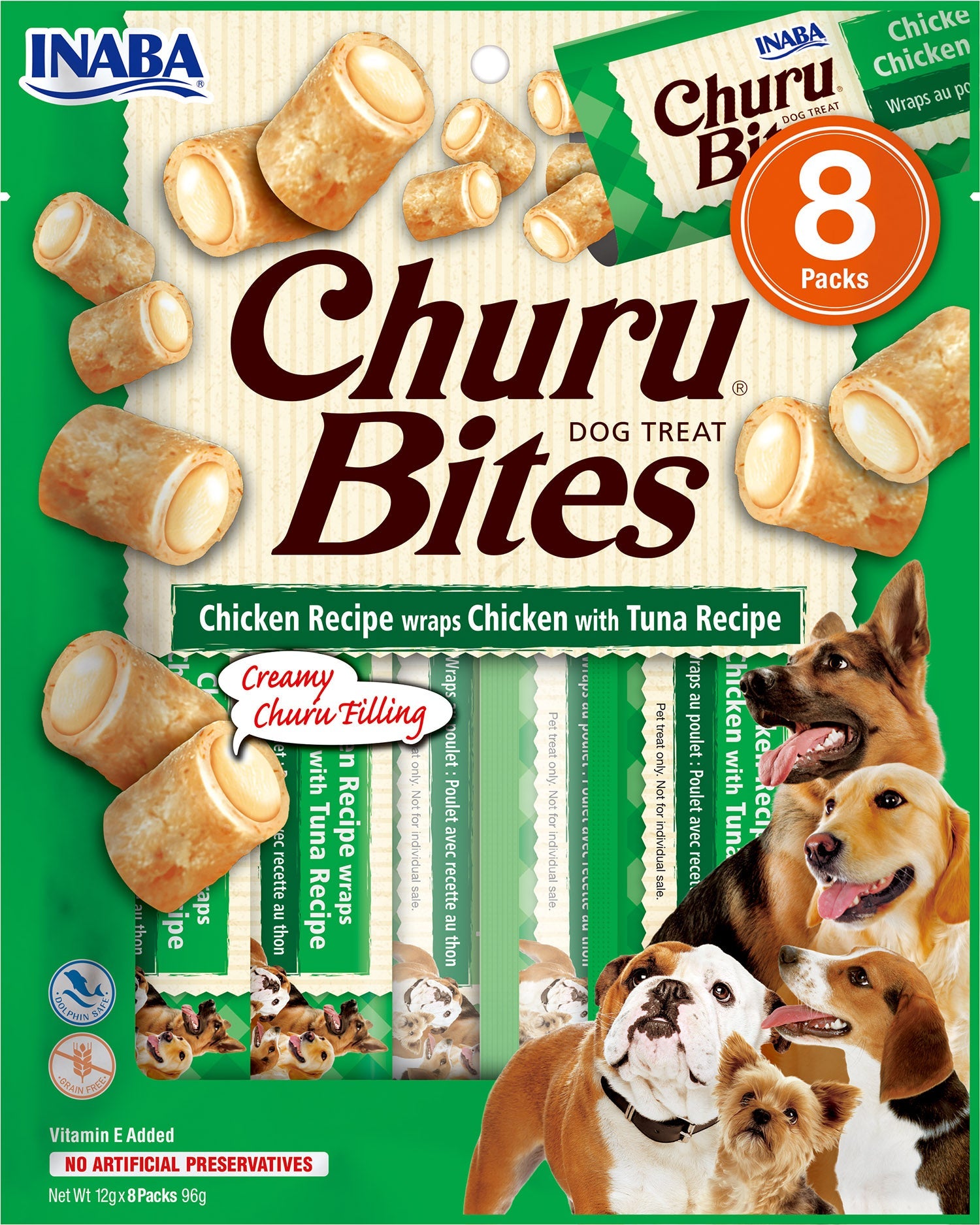 Front View of Ciao Churu Bites 8 Pack Dog Treat - Chicken Recipe wraps Chicken with Tuna Recipe - 8 x 12g
