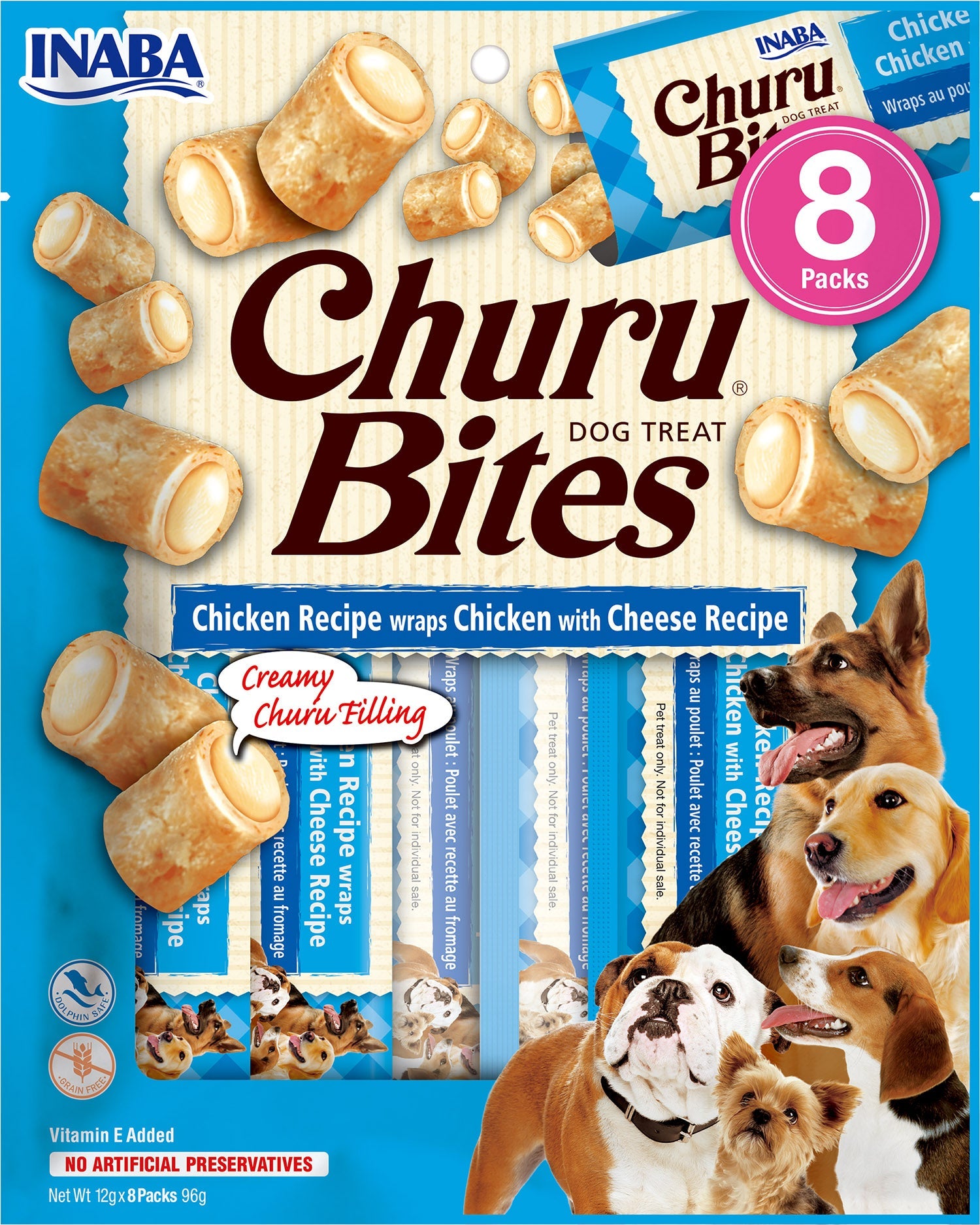 Front View of Ciao Churu Bites 8 Pack Dog Treat - Chicken Recipe wraps Chicken with Cheese Recipe - 8 x 12g