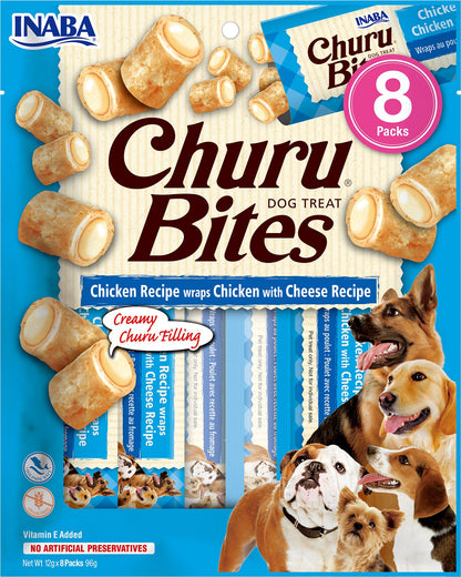 Front View of Ciao Churu Bites 8 Pack Dog Treat - Chicken Recipe wraps Chicken with Cheese Recipe - 8 x 12g