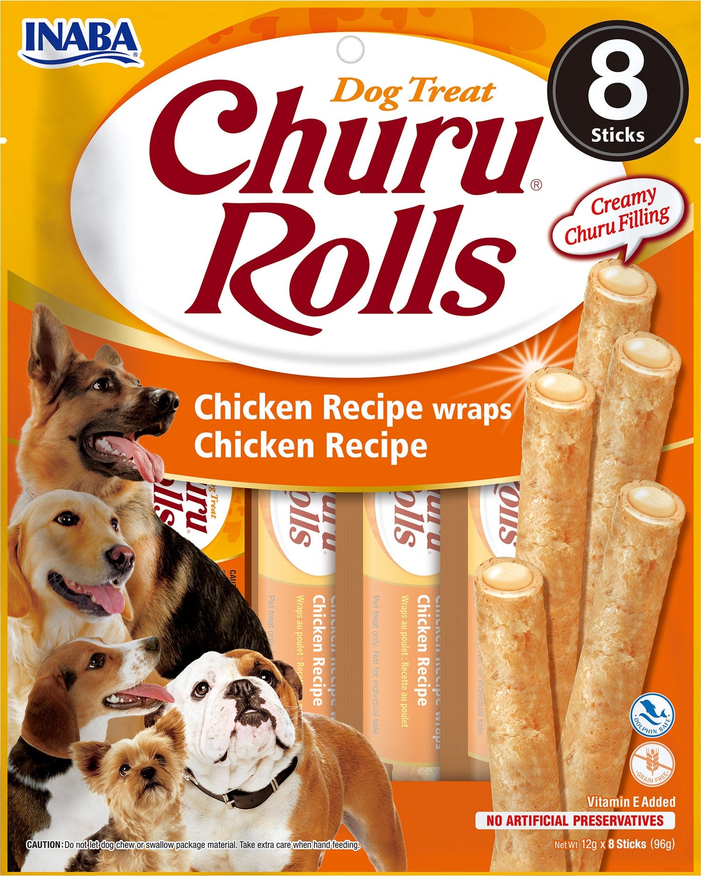 Front View of Ciao Churu Rolls 8 Pack Dog Treat - Chicken Recipe wraps Chicken Recipe - 8 x 12g