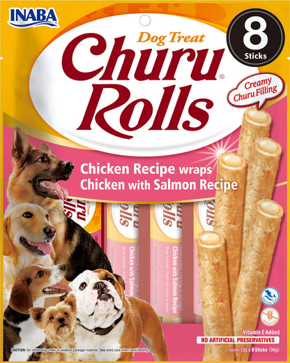 Front View of Ciao Churu Rolls 8 Pack Dog Treat - Chicken Recipe wraps Chicken with Salmon Recipe - 8 x 12g