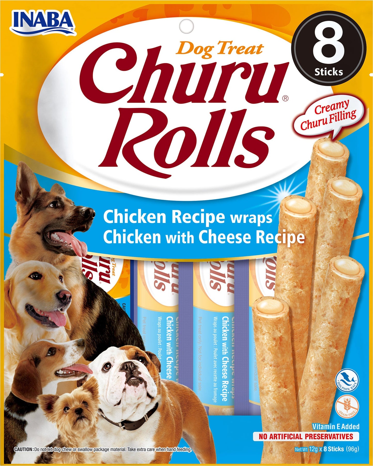 Front View of Ciao Churu Rolls 8 Pack Dog Treat - Chicken Recipe wraps Chicken with Cheese Recipe - 8 x 12g