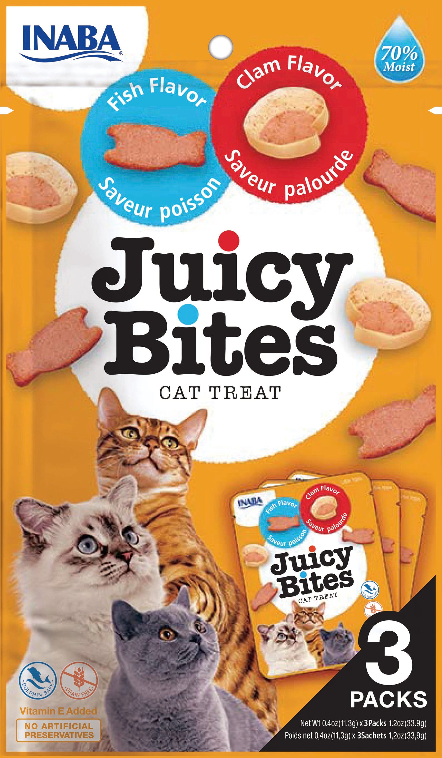 Front View of Ciao Juicy Bites Cat Treat - Fish & Clam Flavour - 3 x 11.3g
