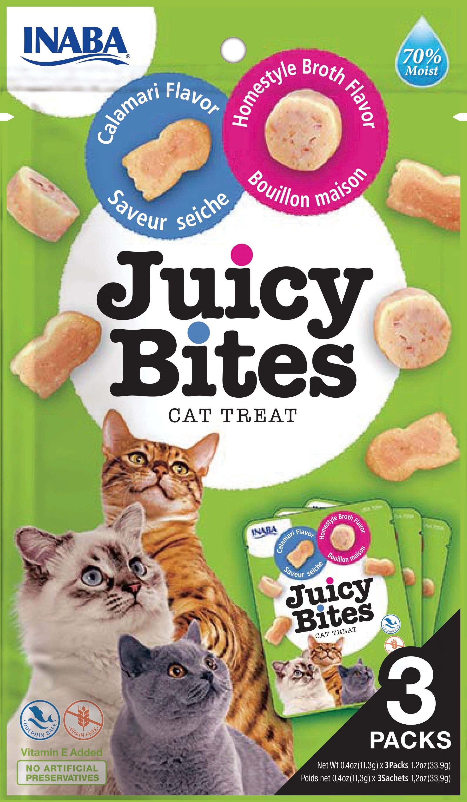 Front View of Ciao Juicy Bites Cat Treat - Homestyle Broth & Calamari Flavour - 3 x 11.3g