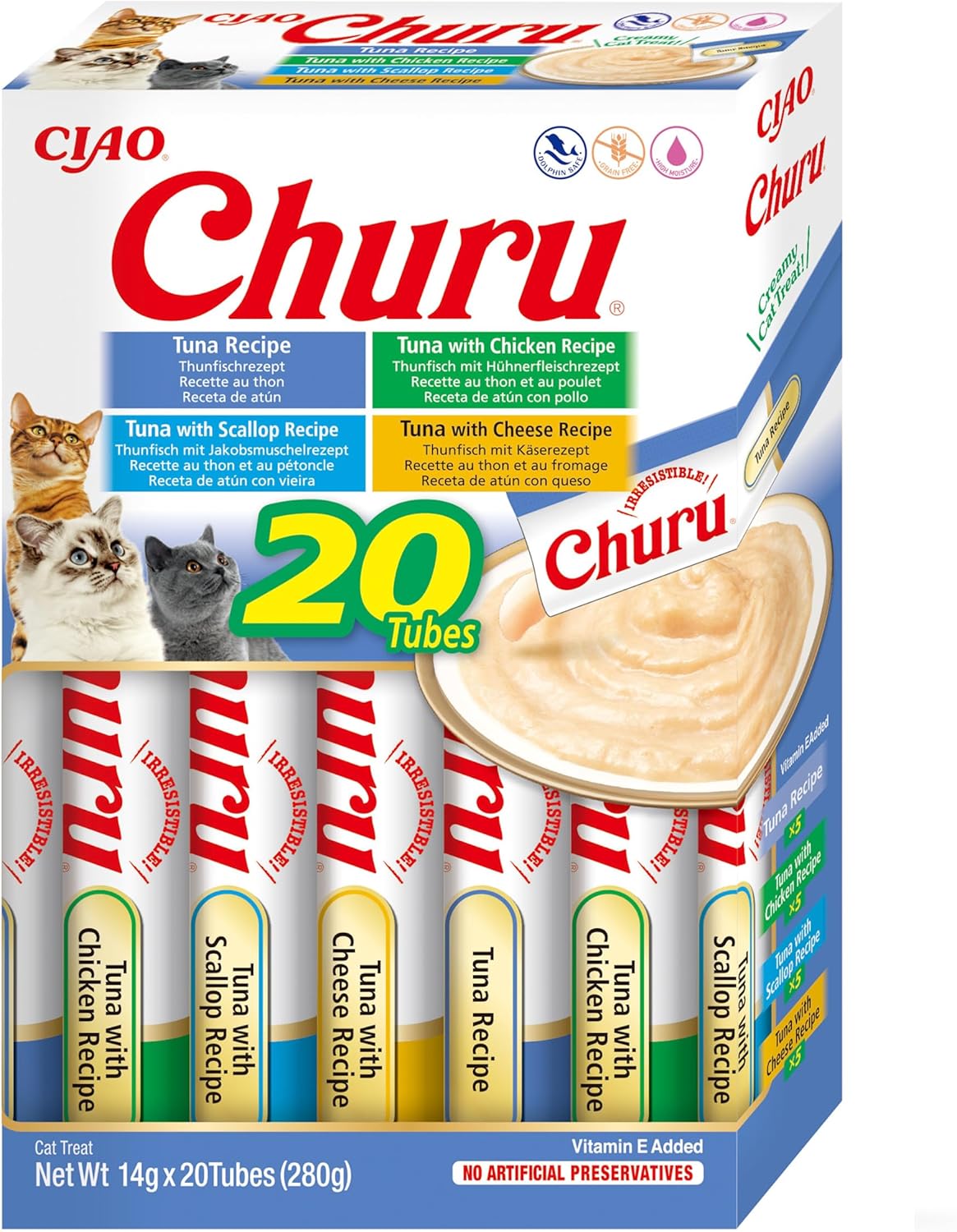 Front View of Ciao Churu 20 Pack Box Cat Treat - Tuna Varieties - 20 x 14g