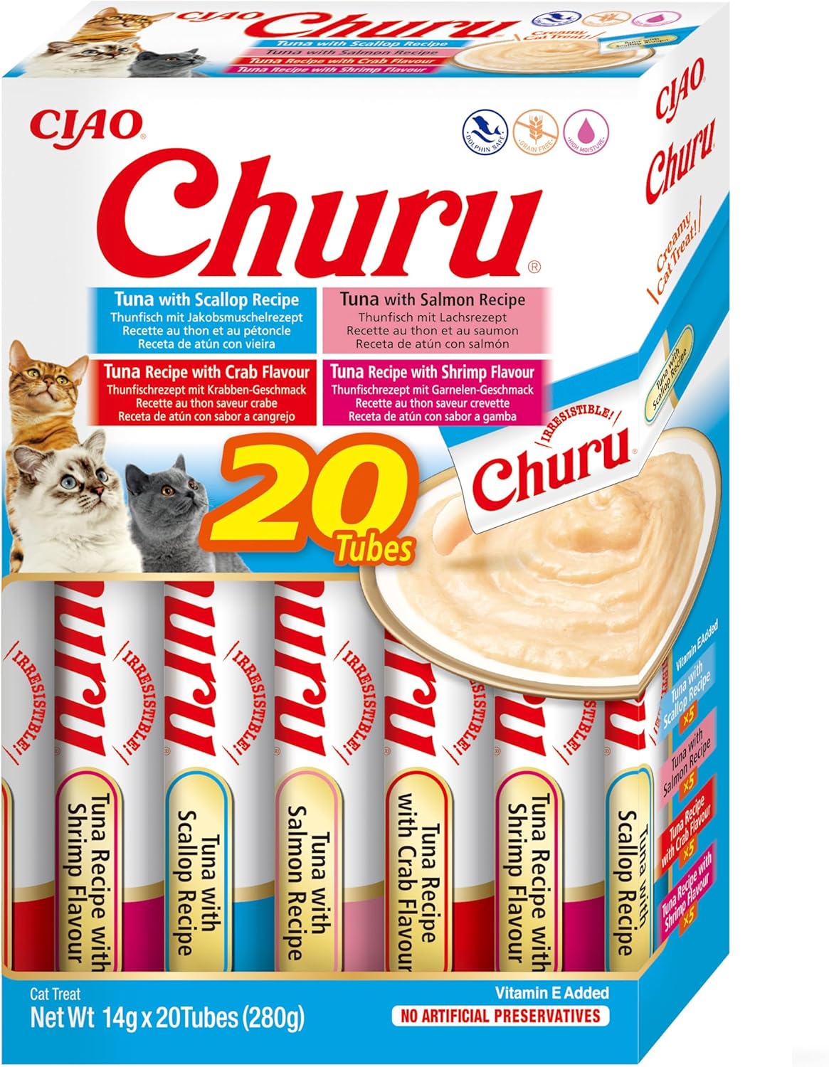 Front View of Ciao Churu 20 Pack Box Cat Treat - Tuna Seafood Variety - 20 x 14g