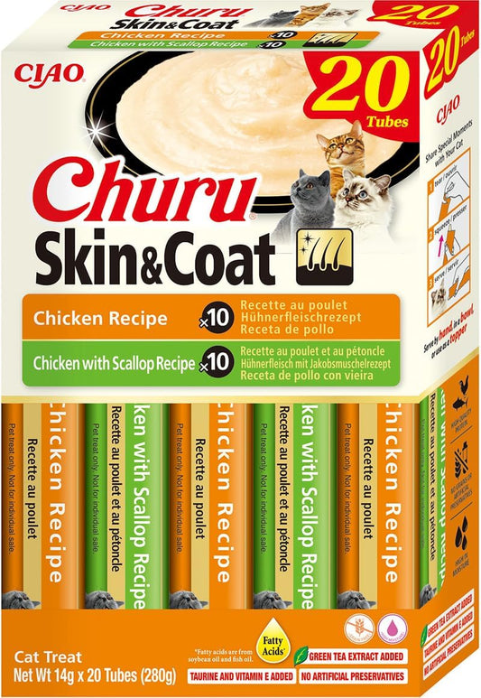 Front View of Ciao Churu Skin & Coat 20 Pack Cat Treat - Chicken Variety - 20 x 14g