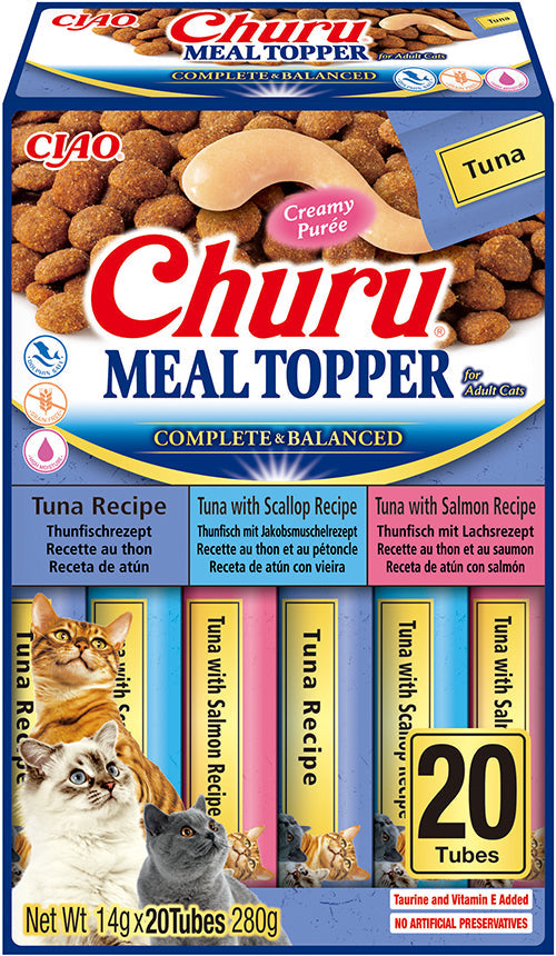 Front View of Ciao Churu 20 Pack Meal Topper for Adult Cats - Chicken with Salmon & Chicken with Pumpkin Variety - 20 x 14g